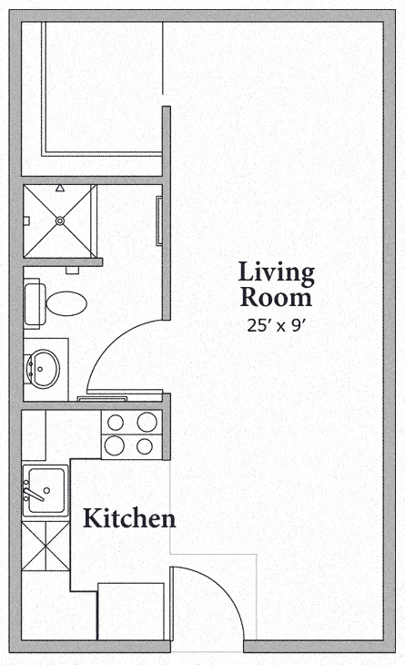 Floor plan for studio, 1 bath, 394 sqft